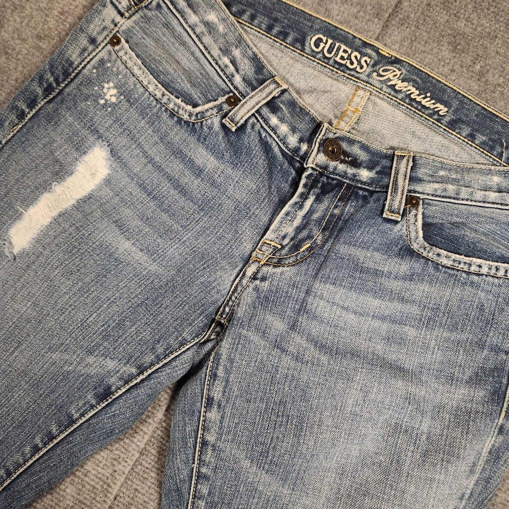 Guess Jeans Women 26 Premium Low Rise Flare Blue Distressed Paint Splatter FAIR